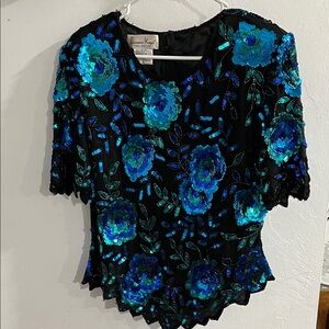 Laurence Kazar Black Top with Blue Floral Sequins